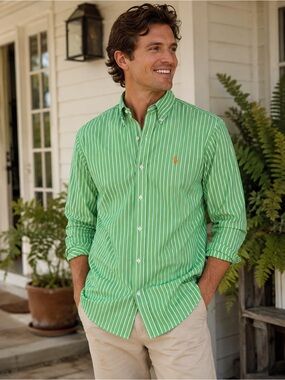 Ralph Lauren Large Green Striped Long Sleeve Button Down Orange Pony #1094CL